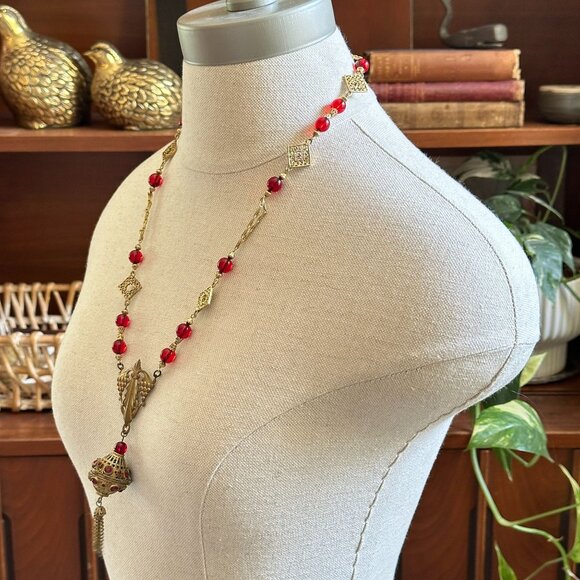 Vintage Red Glass Bead Necklace, Filigree Drop Pendant - Picture 4 of 12